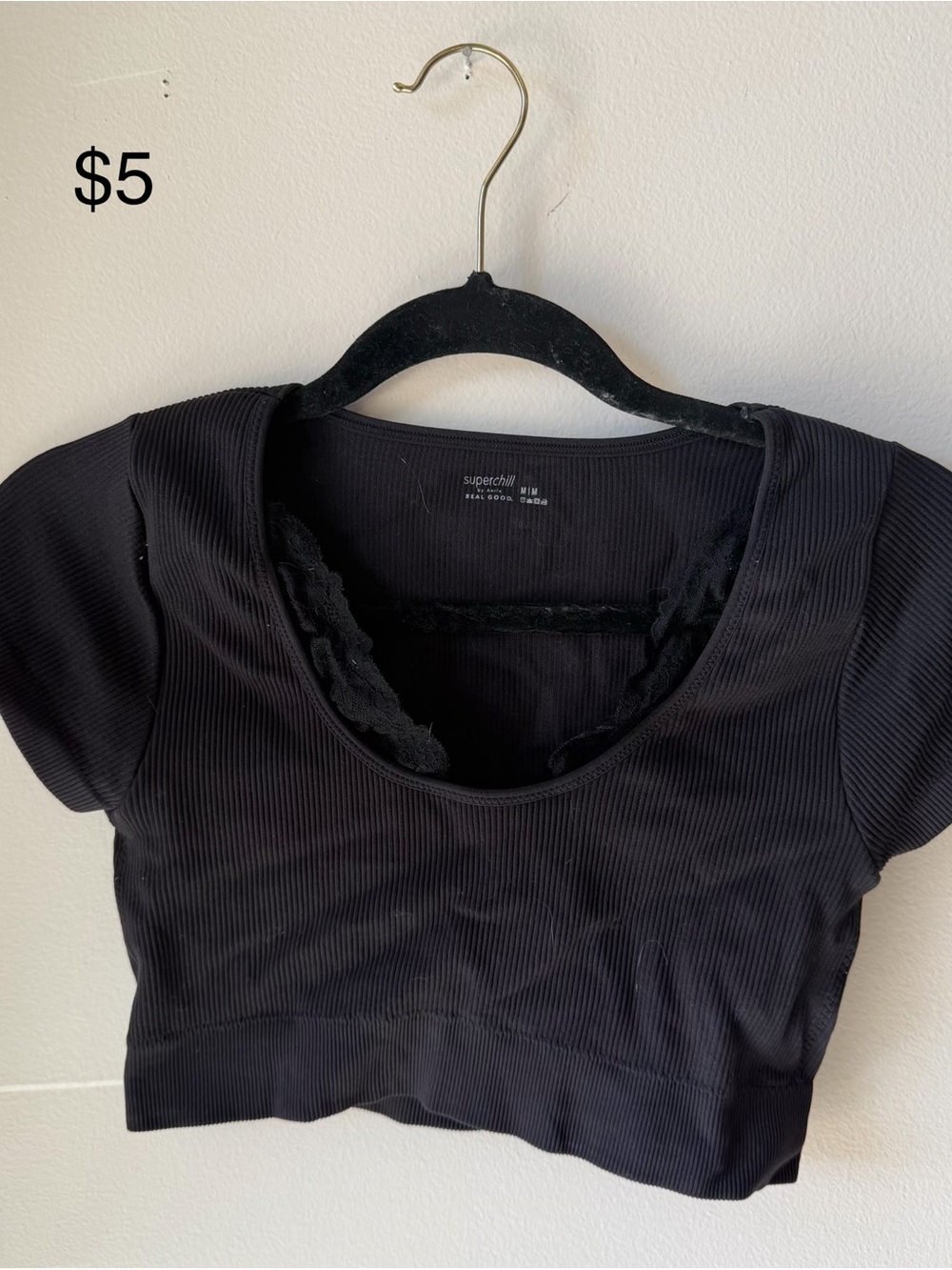 Black Ribbed Scoop Neck Crop Top with Lace Trim